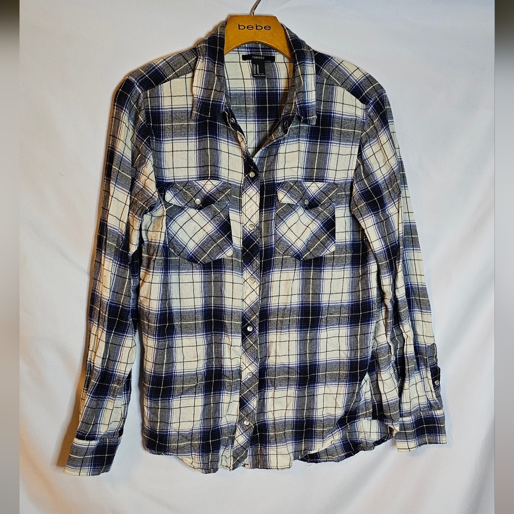 Forever 21 Blue & White Plaid Long Sleeve Shirt